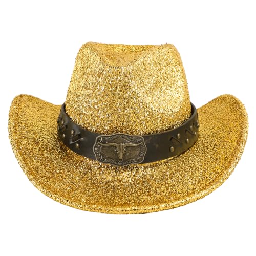 Glitzernder Cowboyhut für Damen und Herren, Western-Cowgirl-Hut, Halloween-Kostüm, Glitzer, Disco, Cowgirl-Hut, Party-Kopfbedeckung, Erwachsene, breite Krempe, Kuhmädchen-Hut, Outfit, Tanzhut für von XINCHIA