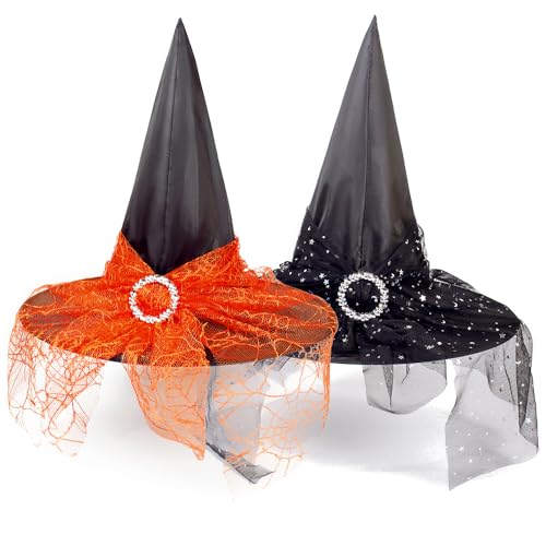 Hexenhut für Erwachsene, Damen, spitz, Halloween-Kostüm, Zaubererhut mit Schleife und Schleier, Halloween-Kopfbedeckung, schwarzer Hexenhut, Party, Maskerade, Dekoration, Karneval, Fasching, Alltag, von XINCHIA