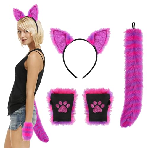 Kunstpelz Fuchs Katzenohren Haar Stirnband Schwanz Handschuhe Set Flauschig Wolf Fuchs Cosplay Kostüm Haar Hoop Lange Schwanz Kit Glänzendes Tier Dress Up Verkleidung Zubehör Bunte Halloween von XINCHIA