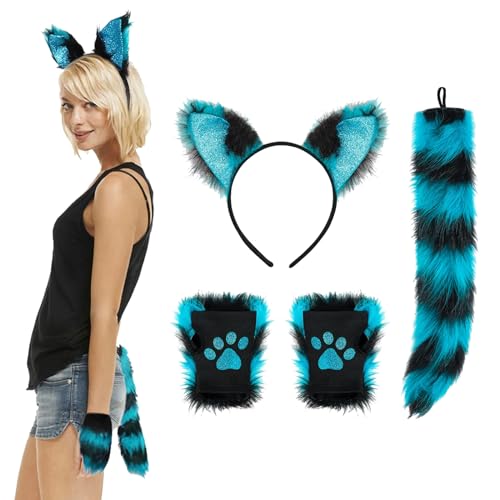 Kunstpelz Fuchs Katzenohren Haar Stirnband Schwanz Handschuhe Set Flauschig Wolf Fuchs Cosplay Kostüm Haar Hoop Lange Schwanz Kit Glänzendes Tier Dress Up Verkleidung Zubehör Bunte Halloween von XINCHIA