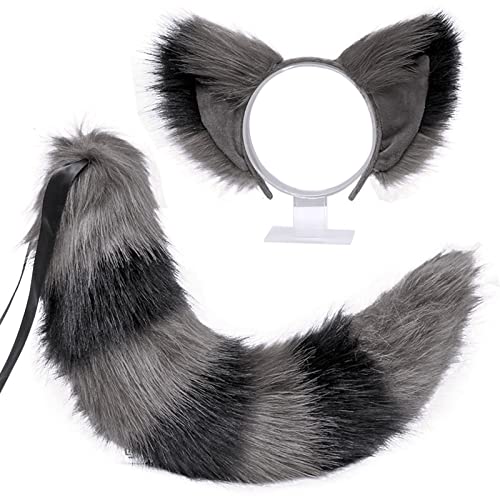 XINCHIA Kunstpelz Fuchs Katzenohren Stirnband Schwanz Set Flauschiger Wolf Fuchs Cosplay Kostüm Haarreifen Langer Schwanz Kit Tier Dress Up Verkleidung Haarband Zubehör Halloween Rollenspiel Party von XINCHIA