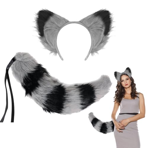 XINCHIA Kunstpelz Fuchs Katzenohren Stirnband Schwanz Set Flauschiger Wolf Fuchs Cosplay Kostüm Haarreifen Langer Schwanz Kit Tier Dress Up Verkleidung Haarband Zubehör Halloween Rollenspiel Party von XINCHIA