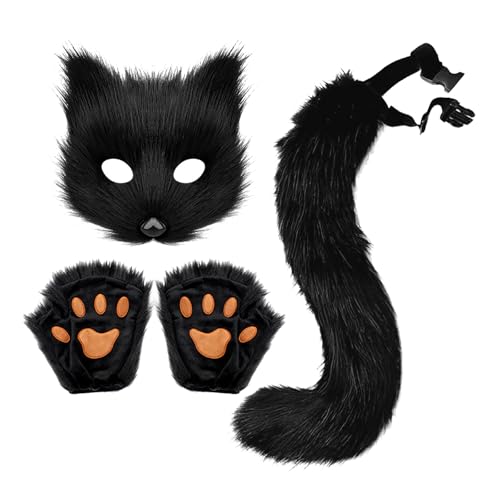 Kunstpelz Fuchsschwanz Flauschige Katze Wolf Pfote Klaue Handschuhe Plüsch Fuchs Maske Set Furry Cosplay Kostüm Set Tier Dress Up Verkleidung Zubehör Halloween Cosplay Karneval Rollenspiel Party von XINCHIA