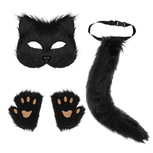 Kunstpelz Fuchsschwanz Flauschige Katze Wolf Pfote Klaue Handschuhe Plüsch Fuchs Maske Set Furry Cosplay Kostüm Set Tier Dress Up Verkleidung Zubehör Halloween Cosplay Karneval Rollenspiel Party von XINCHIA