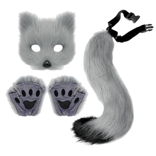 Kunstpelz Fuchsschwanz Flauschige Katze Wolf Pfote Klaue Handschuhe Plüsch Fuchs Maske Set Furry Cosplay Kostüm Set Tier Dress Up Verkleidung Zubehör Halloween Cosplay Karneval Rollenspiel Party von XINCHIA