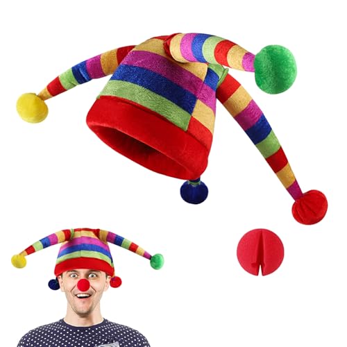 Lustiger Clownhut mit roter Schaumstoffnase, mehrfarbiger Narrenhut, spitzer Jokerhut, Halloween, Cosplay, Kostüm, Hut für Zirkus-Party, Karneval, Cosplay, Clown-Kostüm, Verkleidungszubehör, 2 Stück von XINCHIA