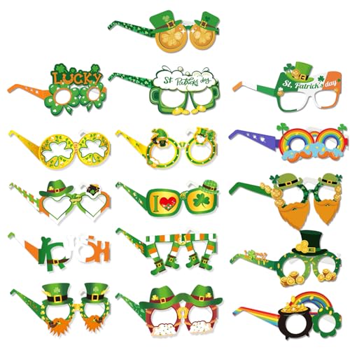 XINDY 16 Stück St. Patricks Day Party Brillen Lustige Grüne Irischer Kleeblatt Papier Brille Foto Requisiten für Kinder Erwachsene St. Patricks Day Deko St. Patricks Day Kostüm Accessories von XINDY