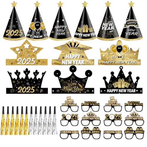 XINDY Silvester Deko 2025 Silvester Accessoires Silvester Brille Foto Requisiten Silvester Partyhüte Tröten für Kinder Erwachsene Happy New Year 2025 Deko Neujahrsdeko Silvester Party Zubehör von XINDY