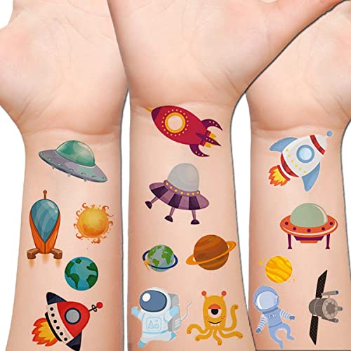 XINDY Tattoo Kinder, 10 Blätter Weltraum Temporäre Tattoos Aufkleber Set für Mädchen Jungen Kindertattoos Hautfreundliche Klebetattoos für Mitgebsel Kindergeburtstag Gastgeschenke Kleine Geschenke von XINDY