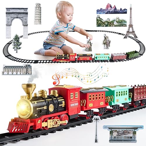 Elektrischer Zug Spielzeug, Spielzeugeisenbahn Set mit Rauch, Licht und Sound, 4 Wagen,Eisenbahn Kinder Elektrisch mit Dampflokomotive, Weihnachtszug Sets für unter Dem Baum von XINGGANG