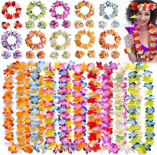 XINGGANG 40 Stück Hawaiianische Blumen Leis Luau, mit 20 Armbändern, 10 Haarbändern und 10 Halsketten, für Requisiten in der Fotogalerie, Dekoration, Luo Hawaiian Party von XINGGANG