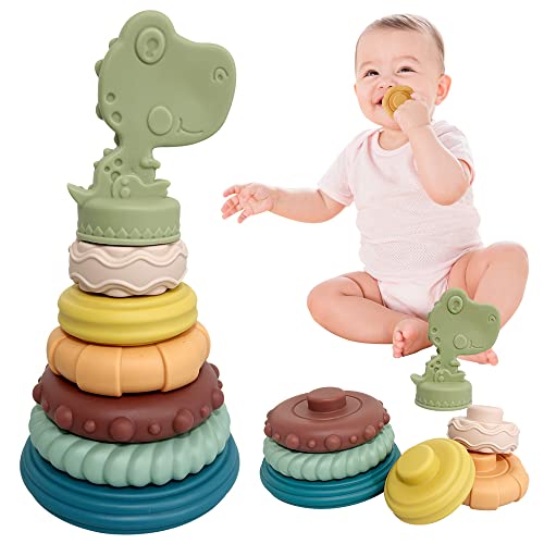 XINGGANG 7 Stück Stapelspielzeug mit Ringen, Squeeze Zahnen Babyspielzeug, Stapelturm& Beißringe für Stapelspiel, Früherziehung Spielzeug Geschenke für 6 12 18 Monate Baby Kleinkind Jungen Mädchen von XINGGANG