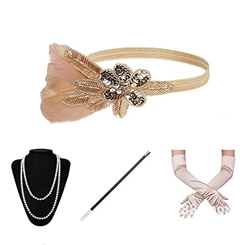 XINGLIDA Flapper-Accessoires für Damen, 1920er-Jahre, Gatsby-Kostüm, Zubehör, brüllende 20er-Jahre, Flapper-Stirnband, Ohrringe, Handschuhe, Halsketten-Set (A#) von XINGLIDA