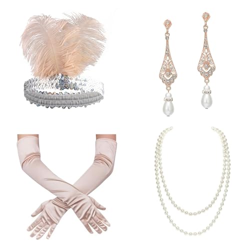 XINGLIDA Haarband, 1 Set, 1920er-Jahre, Feder-Haarreifen mit Ohrringen, Perlenkette und Handschuhen, Halloween, Cosplay, Abschlussball, Partyzubehör für Damen (Stück#) von XINGLIDA