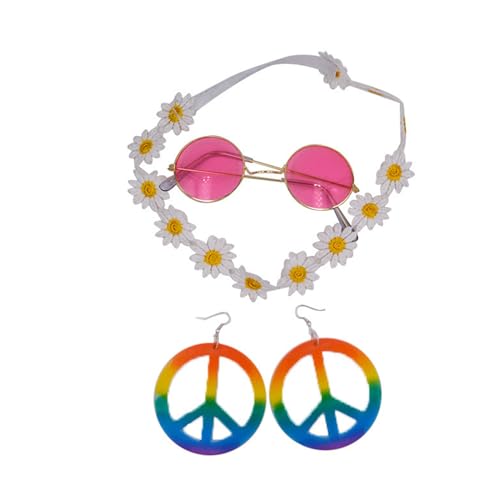 XINGLIDA Hippie-Kostüm-Set beinhaltet Sonnenbrille, Stirnband, Friedenszeichen-Halskette und Ohrringe, 60er-/70er-Jahre-Stil, Vintage-Kostüm (Nr. 2) von XINGLIDA