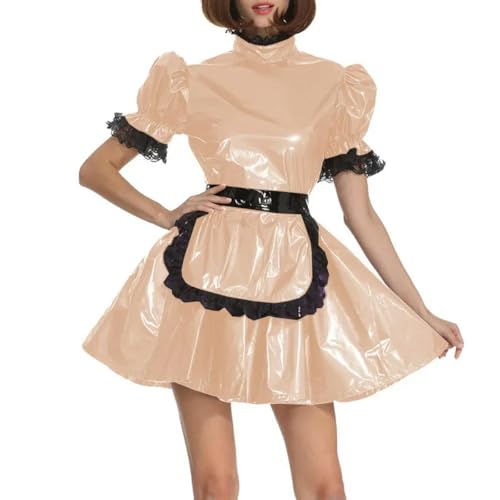 XINLIANYI Dienstmädchen-Uniformen aus PVC-Leder, kurzärmelig, abschließbar, A-Linie, Schürze, Dienstmädchenkleid, Cosplay, Party, Verkleidung, Outfits, Aprikose von XINLIANYI