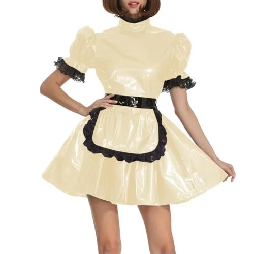 XINLIANYI Dienstmädchen-Uniformen aus PVC-Leder, kurzärmelig, abschließbar, A-Linie, Schürze, Dienstmädchenkleid, Cosplay, Party, Verkleidung, Outfits, Beige von XINLIANYI