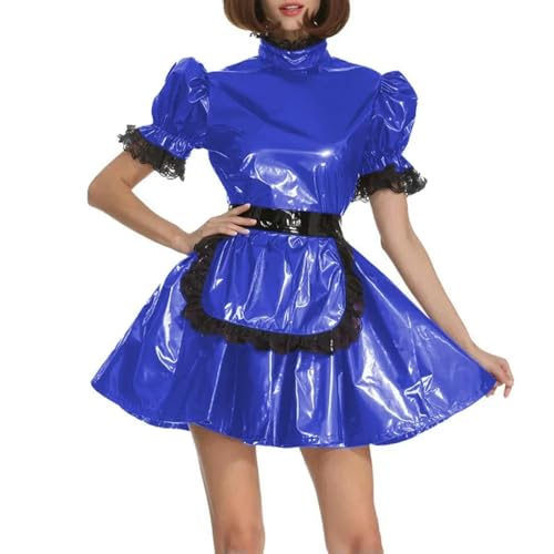 XINLIANYI Dienstmädchen-Uniformen aus PVC-Leder, kurzärmelig, abschließbar, A-Linie, Schürze, Dienstmädchenkleid, Cosplay, Party, Verkleidung, Outfits, Blau von XINLIANYI