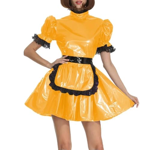 XINLIANYI Dienstmädchen-Uniformen aus PVC-Leder, kurzärmelig, abschließbar, A-Linie, Schürze, Dienstmädchenkleid, Cosplay, Party, Verkleidung, Outfits, Gelb von XINLIANYI