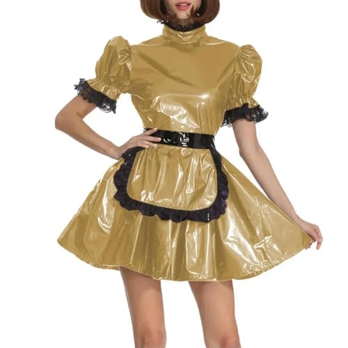 XINLIANYI Dienstmädchen-Uniformen aus PVC-Leder, kurzärmelig, abschließbar, A-Linie, Schürze, Dienstmädchenkleid, Cosplay, Party, Verkleidung, Outfits, Gold von XINLIANYI