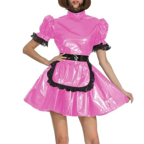 XINLIANYI Dienstmädchen-Uniformen aus PVC-Leder, kurzärmelig, abschließbar, A-Linie, Schürze, Dienstmädchenkleid, Cosplay, Party, Verkleidung, Outfits, Rosa von XINLIANYI