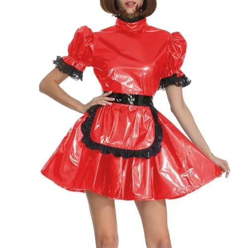 XINLIANYI Dienstmädchen-Uniformen aus PVC-Leder, kurzärmelig, abschließbar, A-Linie, Schürze, Dienstmädchenkleid, Cosplay, Party, Verkleidung, Outfits, Rot von XINLIANYI