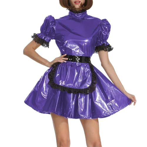 XINLIANYI Dienstmädchen-Uniformen aus PVC-Leder, kurzärmelig, abschließbar, A-Linie, Schürze, Dienstmädchenkleid, Cosplay, Party, Verkleidung, Outfits, Violett von XINLIANYI