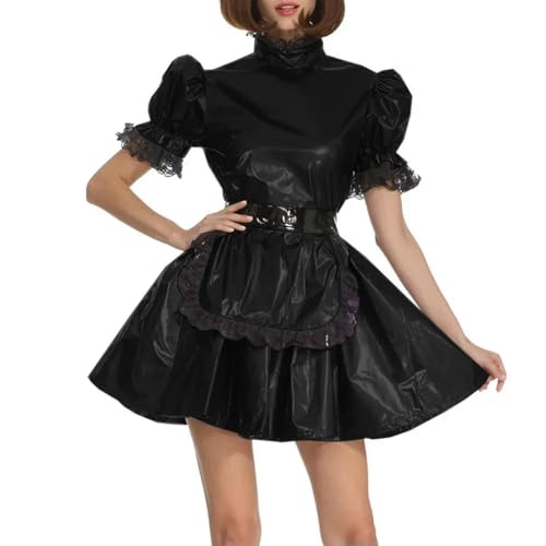 XINLIANYI PVC-Leder-Mädchen-Uniformen, kurzärmelig, abschließbar, A-Linie, Schürze, Dienstmädchenkleid, Cosplay, Party, Kostüm, Outfits, Schwarz von XINLIANYI