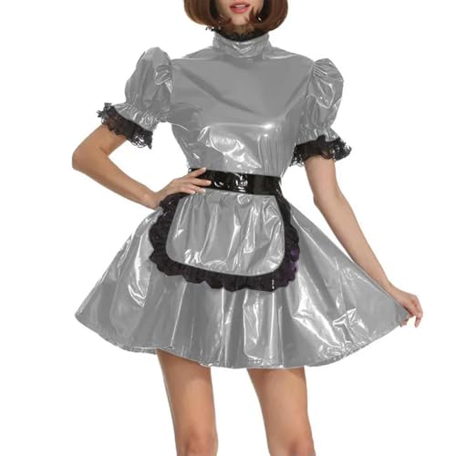 XINLIANYI PVC-Leder-Mädchen-Uniformen, kurzärmelig, abschließbar, A-Linie, Schürze, Dienstmädchenkleid, Cosplay, Party, Verkleidung, Outfits, Silber von XINLIANYI