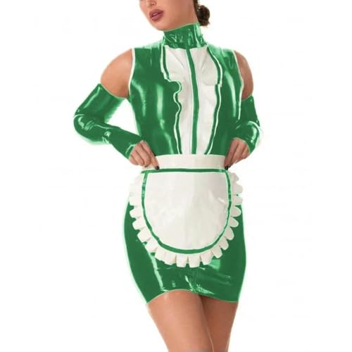 XINLIANYI Rollkragenpullover Bodycon Mädchen Kleid Französisch Rüschen Schürze Handschuhe Maid Uniform PVC Leder Cosplay Party Kostüm, green, 5XL von XINLIANYI