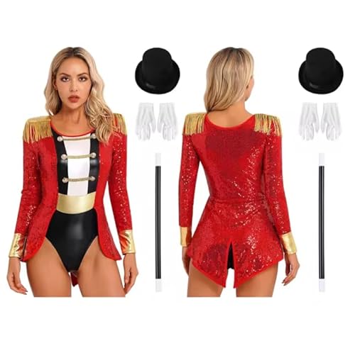 XINLIANYI Zauberer Zirkus, Ringmeister, Performance-Kostüm für Damen, langärmelig, Pailletten, Schrittknopf, Bodysuit, Hut und Handschuhe, Zauberstab-Set, Rot, Größe XXL von XINLIANYI