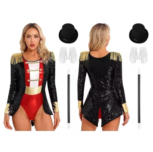 XINLIANYI Zauberer Zirkus, Ringmeister, Performance-Kostüm für Damen, langärmelig, Pailletten, Schrittknopf, Bodysuit, Hut und Handschuhe, Zauberstab-Set, Schwarz, Größe M von XINLIANYI