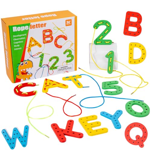 XINNIAN Schnür-Alphabet Schnür Nummer,Holzspielzeug Lernspielzeug Fädelspielzeug für 3,4, 5, 6 Jahren Kinder,Spielzeug für Feinmotorik,Buchstabenerkennung und frühe Rechtschreibung von XINNIAN