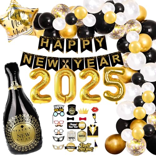 Silvester Deko 2025 Luftballon Goldene Schwarz, Happy New Year Party Dekorationen 2025, Silvester Party Dekoration Set mit Konfetti Ballons, Happy New Year Banner, 2025 Foto Requisite Party Deko von XINRANFF