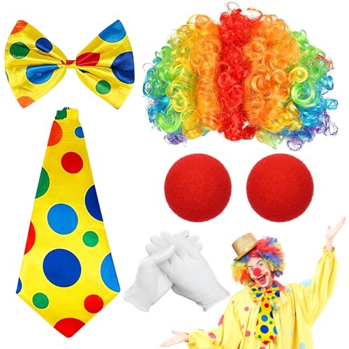 XINRANFF Clown Kostüm Set, 7 Stück Clown Kostüm Fasching, Clown Lockenperücke, Krawatte, Clownnase und Handschuhe, Clownschleife, Kostüm Damen Fasching, Karneval kostüm für Kinder Erwachsene Damen von XINRANFF