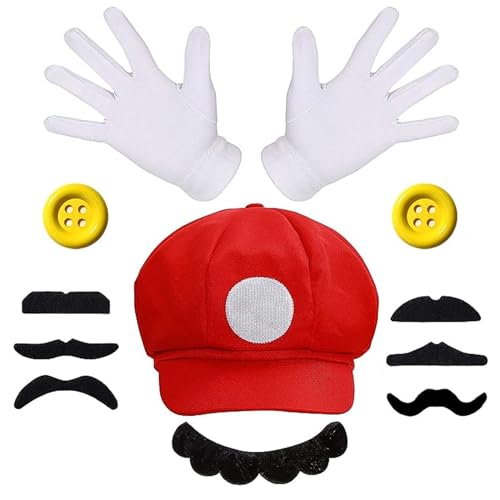 XINSUO Super Bros Mütze,Super Mützen,Weißer Handschuh,Roter Erwachsenerhut,mit Kappen Schnurrbärte Handschuhe Knöpfe,fur Verkleidung Karneval Halloween Weihnachten von XINSUO