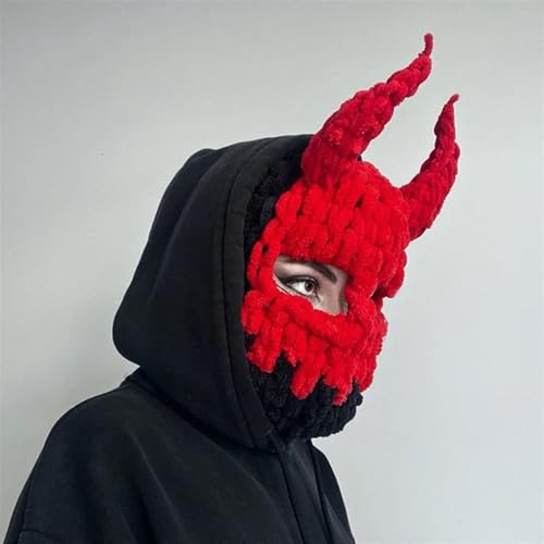 Verrückter Hut, Hut Requisiten, Hut Lustige Teufelshörner, kreative Strickmütze, warme Vollgesichtsbedeckung, warme, coole Maske for Frauen und Männer, Winter, Halloween, Cosplay-Requisiten(01) von XINTAOSM