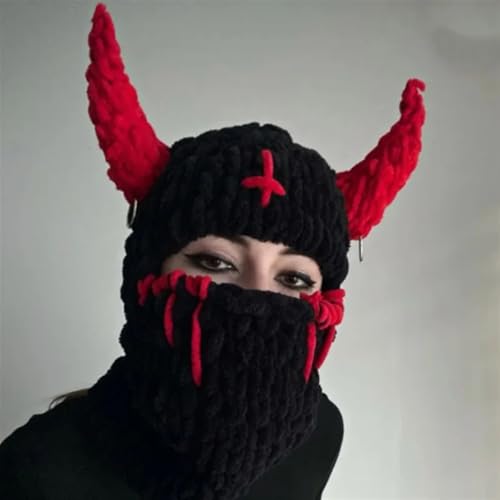 Verrückter Hut, Hut Requisiten, Hut Lustige Teufelshörner, kreative Strickmütze, warme Vollgesichtsbedeckung, warme, coole Maske for Frauen und Männer, Winter, Halloween, Cosplay-Requisiten(03) von XINTAOSM