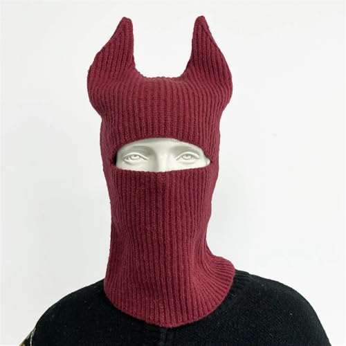 XINTAOSM Verrückter Hut, Hut Requisiten, Hut Teufelshorn Vollgesichtsschutz Skimaske Hüte for Frauen Männer Halloween Party Hut Winddichte Strickmütze Mütze(Burgundy) von XINTAOSM