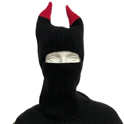 XINTAOSM Verrückter Hut, Hut Requisiten, Hut Teufelshorn Vollgesichtsschutz Skimaske Hüte for Frauen Männer Halloween Party Hut Winddichte Strickmütze Mütze(Red) von XINTAOSM