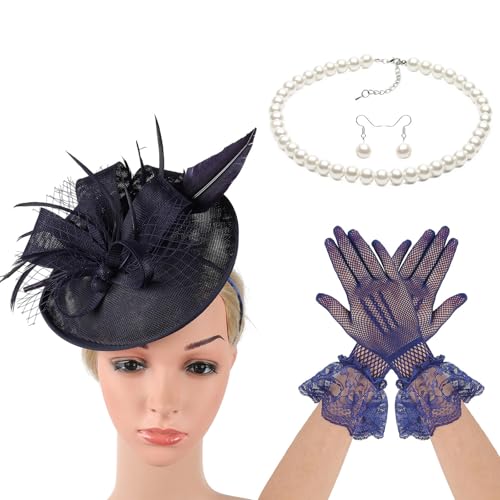 XINYIN Derby-Hut, Stirnbänder mit Halskette, Ohrringen, Handschuhen für Damen, formelles und lässiges Outfit, Maskeraden, Accessoire, Kopfbedeckung für Damen XINYIN Derby-Hut, Stirnbänder mit Halskette, Ohrringen, Handschuhen für Damen, formelles und lässiges Outfit, Maskeraden, Accessoire, Kopfbedeckung für Damen von XINYIN