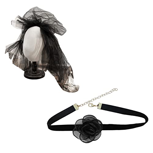 Schwarze Blume Gothic Stirnband Steampunk Choker Halskette Tüll Schleier Kopfbedeckung Schmuck Zubehör für Halloween Schwarz Blumen Stirnbänder für Frauen Mädchen Choker Halsketten Schleier Halloween von XINgjyxzk