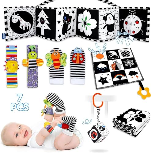 XIXILAND Kontrast Spielzeug Baby 7pcs Baby Spielzeug 0-6 Monate, Neugeborenen Spielzeug mit Schwarz Weiss Stoffbuch Baby, Baby Socken, Baby Rassel, Tummy Time Toys für 0 3 6 9 12 Monate Jungen Mädchen von XIXILAND