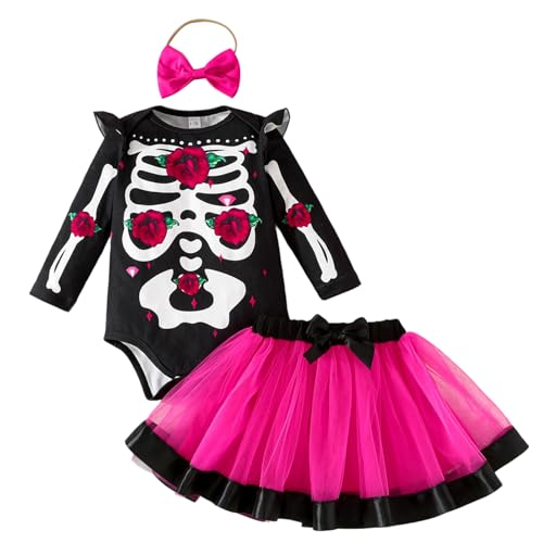 XIXIMAON Halloween-Kostüm für Babys, Mädchen, 2 Stück, Body, Skelett, Tutu, Rock, Tüll, Halloween-Kostüm, Herbst- und Winteroutfit, Schwarz / Rosa, 74-80 XIXIMAON Halloween-Kostüm für Babys, Mädchen, 2 Stück, Body, Skelett, Tutu, Rock, Tüll, Halloween-Kostüm, Herbst- und Winteroutfit, Schwarz / Rosa, 74-80 von XIXIMAON