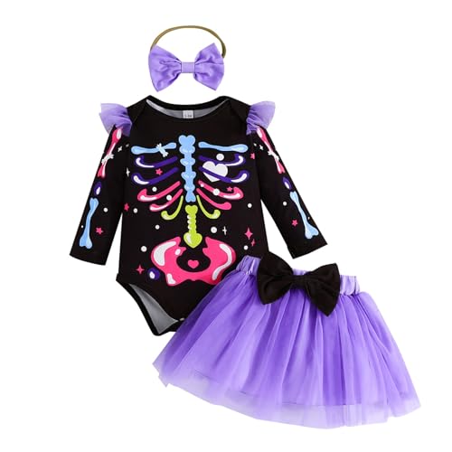 XIXIMAON Halloween-Kostüm für Babys, Mädchen, 2 Stück, Body, Skelett, Tutu, Rock, Tüll, Halloween-Kostüm, Herbst- und Winteroutfit, Schwarz / Violett., 0-3 Monate XIXIMAON Halloween-Kostüm für Babys, Mädchen, 2 Stück, Body, Skelett, Tutu, Rock, Tüll, Halloween-Kostüm, Herbst- und Winteroutfit, Schwarz / Violett., 0-3 Monate von XIXIMAON