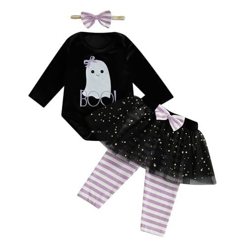 XIXIMAON Halloween-Kostüm für Babys, Mädchen, 3-teiliges Set, Kürbis-Body + gestreifte Hose mit Tutu, Tüllrock + Stirnband, Halloween-Kostüm, Schwarz, 9-12 Monate XIXIMAON Halloween-Kostüm für Babys, Mädchen, 3-teiliges Set, Kürbis-Body + gestreifte Hose mit Tutu, Tüllrock + Stirnband, Halloween-Kostüm, Schwarz, 9-12 Monate von XIXIMAON