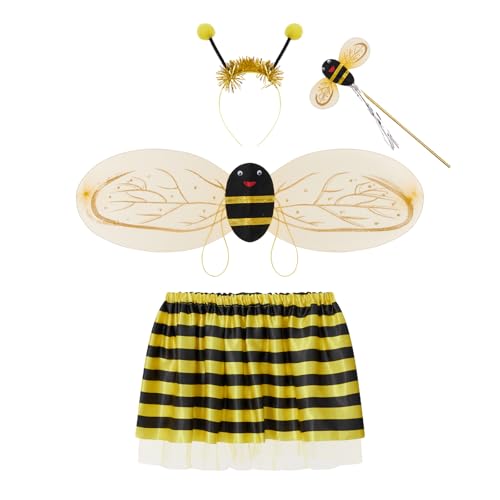 XIXIMAON Kostüm Biene Baby Mädchen Kostüm Marienkäfer Kinder 3/4 Stück Flügel Tutu Rock Zauberstab Haarreif Outfit Halloween Karneval Cosplay Party (Standard, Einheitsgröße, Gelb, 4 Stück) von XIXIMAON