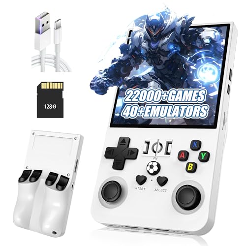 R36MAX Retro Handheld Spielkonsole,Eingebaute 22000+/18000+ Spiele,40+ Emulatoren,8 Stunden 4000mAh Akku,4-Zoll IPS Bildschirm Tragbarer Mini Emulator Handheld,Open Source Linux System (Weiß-128G) von XIXIMENG