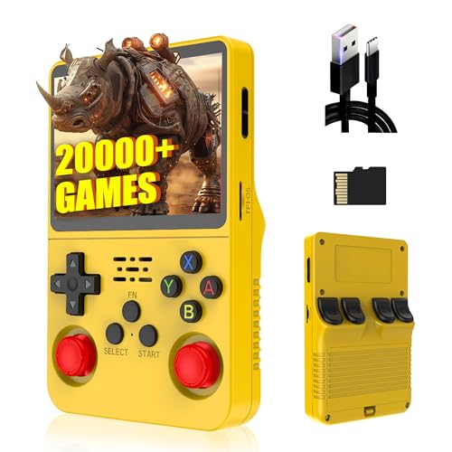 R36S Retro Handheld Spielkonsole 128G,Eingebaute 20000+ Spiele,21 Emulator,3500mAh,Linux System,3.5“ IPS Bildschirm Tragbarer Mini Konsole, Männer (Gelb) von XIXIMENG