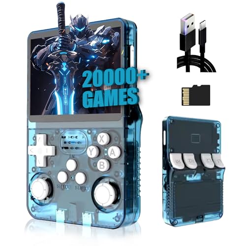 XIXIMENG R36S Retro Handheld Spielekonsole,unterstützt 21 Emulatoren,3500mAh Akku,Linux System,3.5 Zoll IPS Bildschirm,tragbarer Mini Emulator,Cortex-A35,Plug and Play (Transparent Hellblau-128G) von XIXIMENG